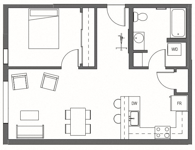 Floor plan for 1 bed, 1 bath, 690 sqft